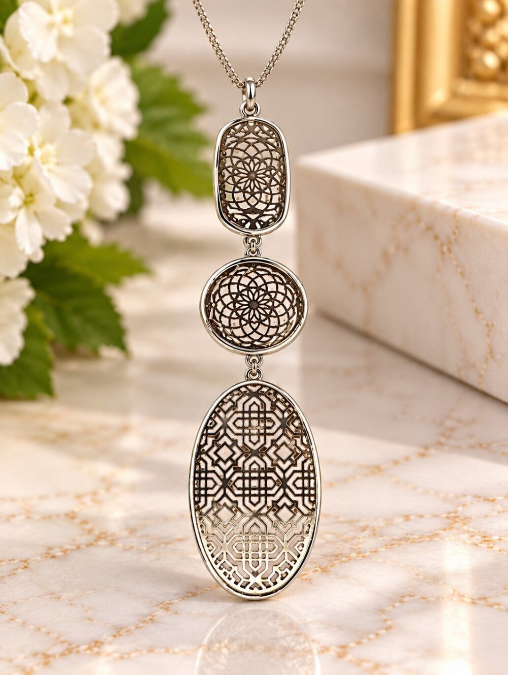 Dual Tone Filigree Long Pendant Necklace Silver Gold Geometric Statement Jewelry